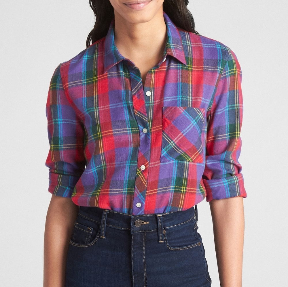 SOLD- GAP Purple "Drapey" Plaid Flannel Shirt-Super soft- M
